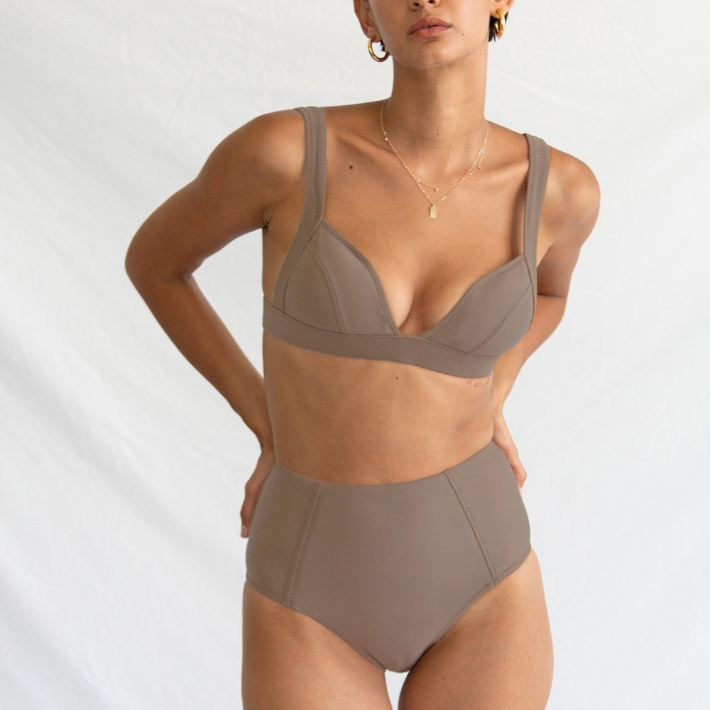 GALAMAAR High Waist Bikini Bottom "Smoked Taupe" Small Sustainable Swimsuit NWT